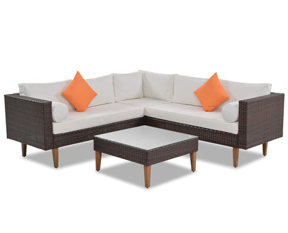 4-Piece Outdoor Wicker Sofa Set, L-Shape Patio Furniture With Colorful Pillows