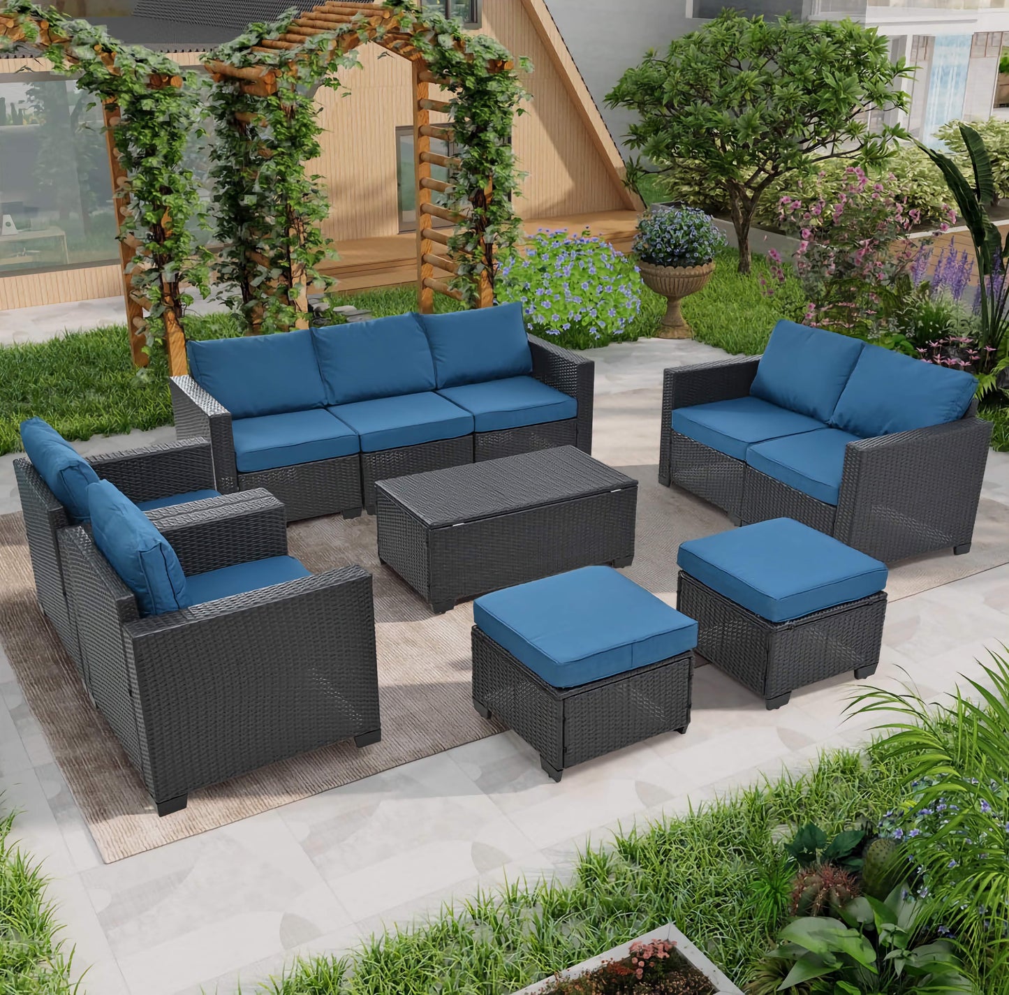 10-Piece Patio Sofa Set, Comfortable Outdoor Garden Furniture with Waterproof Cloth and Durable PE Rattan Base