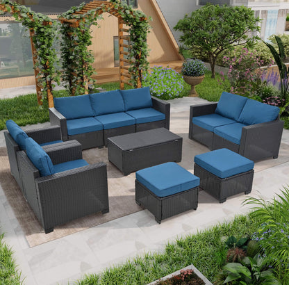 10-Piece Patio Sofa Set, Comfortable Outdoor Garden Furniture with Waterproof Cloth and Durable PE Rattan Base