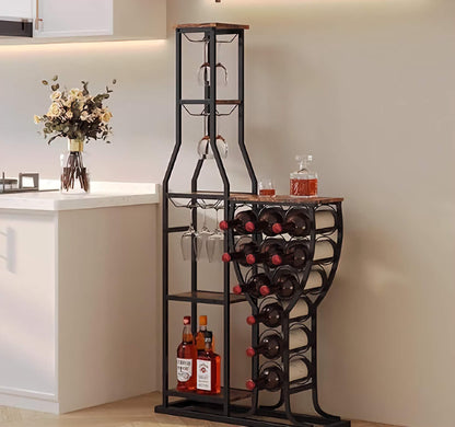 Freestanding Bar Organizer, Stylish Bottle Rack with Modern Shelf and Glass Holder for Wine and Spirits