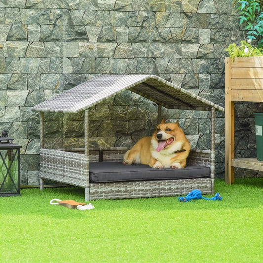 Soft Padded Pet Cabana, Cozy Weather-Protected PE Rattan Sofa Bed for Dogs and Cats