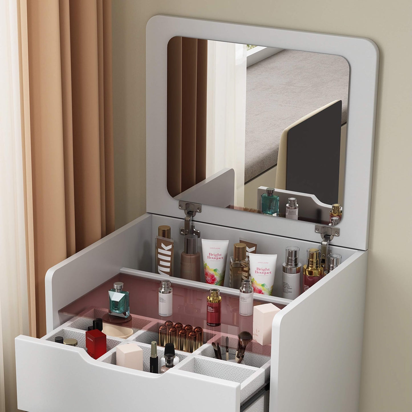 3-in-1 Makeup Vanity Desk, Stylish Table with Flip-Top Mirror, Transparent Glass Top, and Organized Storage Drawers