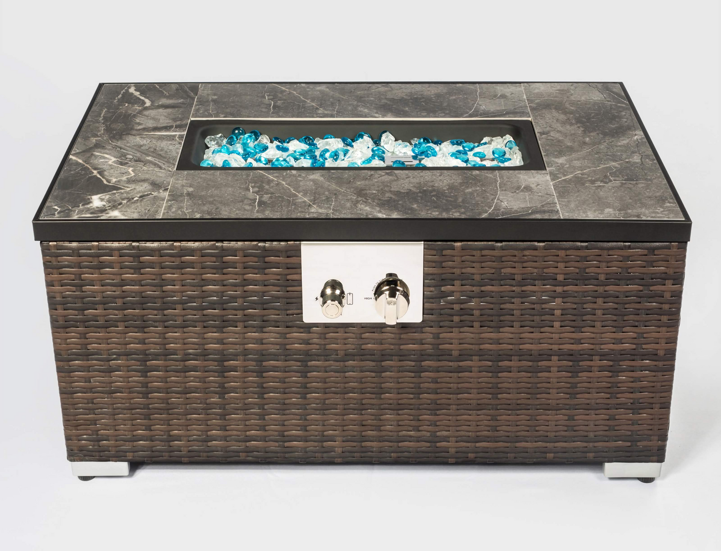 32in. Outdoor Propane Fire Pit Table, Stylish Rattan Base with Durable Tile Tabletop for Patio and Garden