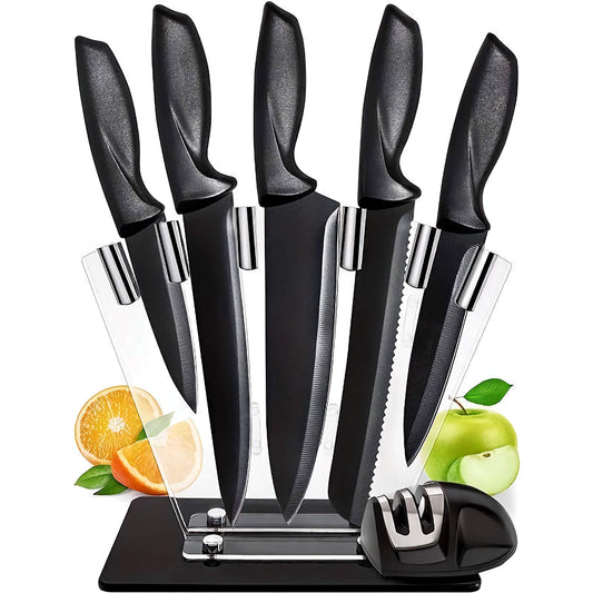7-Piece Carbon Stainless Steel Kitchen Knife Set, Chef Knife Set with Ergonomic Handles and Blade Sharpener