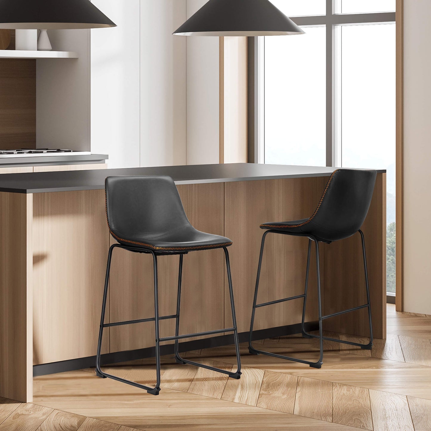2-Piece Modern Kitchen Barstools, Comfortable Elevated Chairs for Dining Room or Kitchen Island
