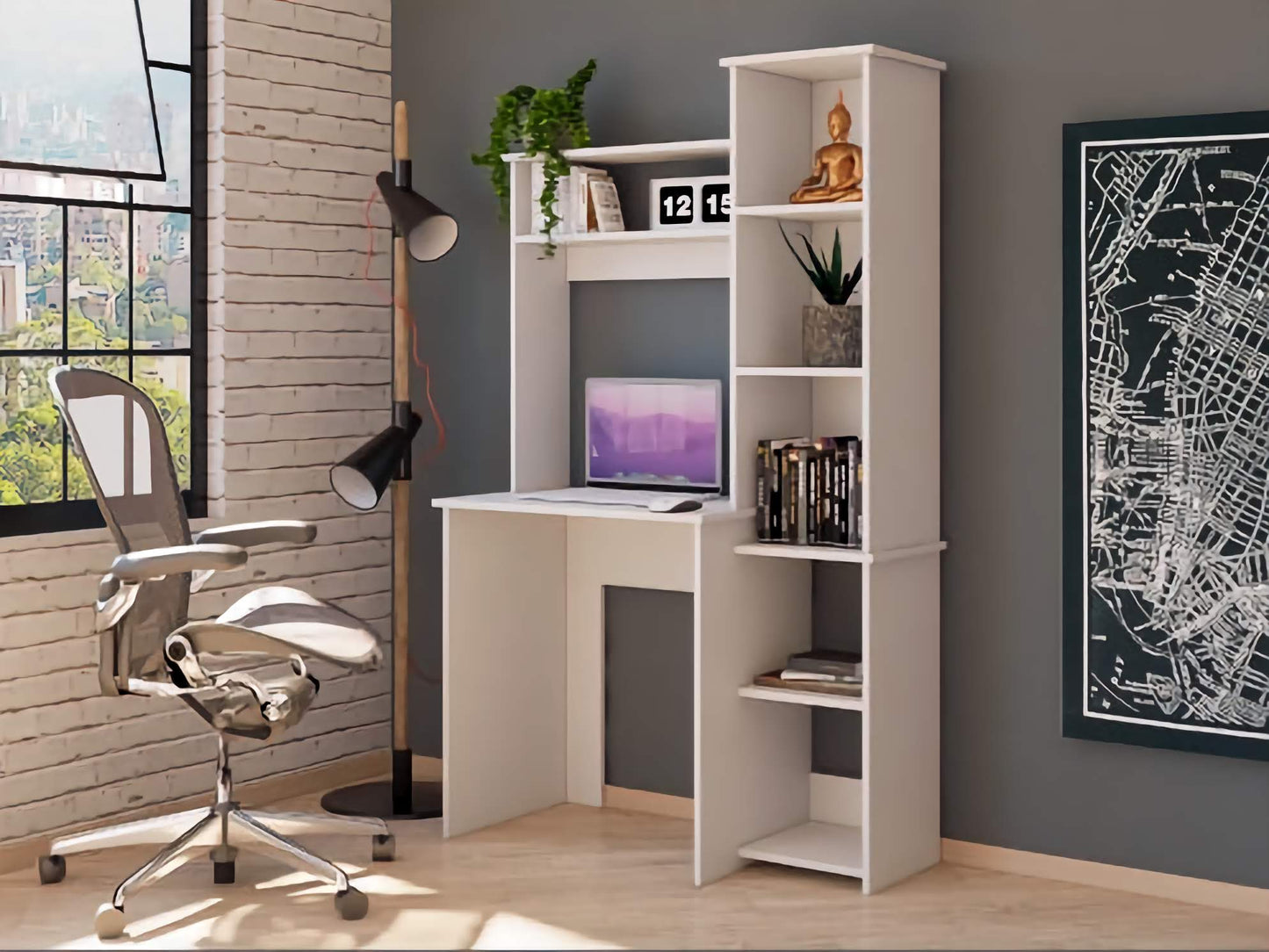 Hutch Home and Office Desk, Compact Desk with Side Bookcase for Organized Small Spaces