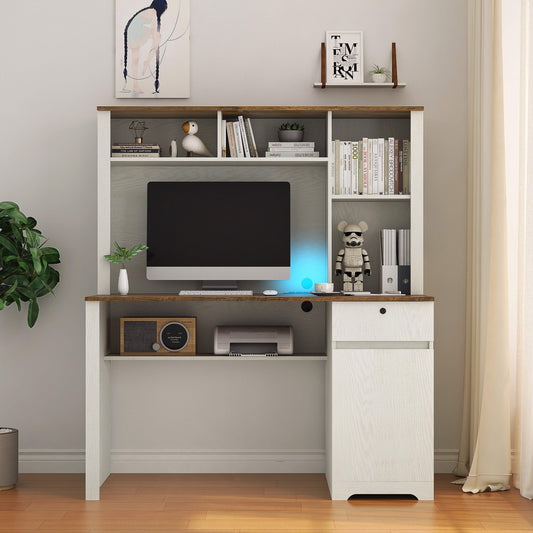Hutch Home and Office Desk, Organized Workspace with Bookshelf, Drawers and Built-In Power Outlet