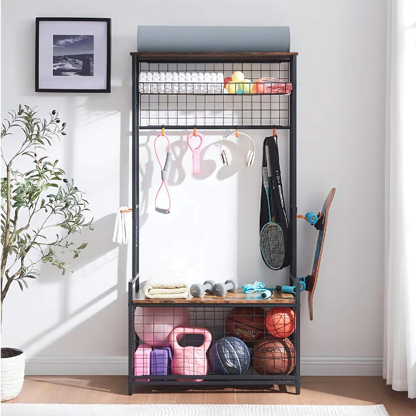 Versatile Equipment Storage Rack with Bench Storage