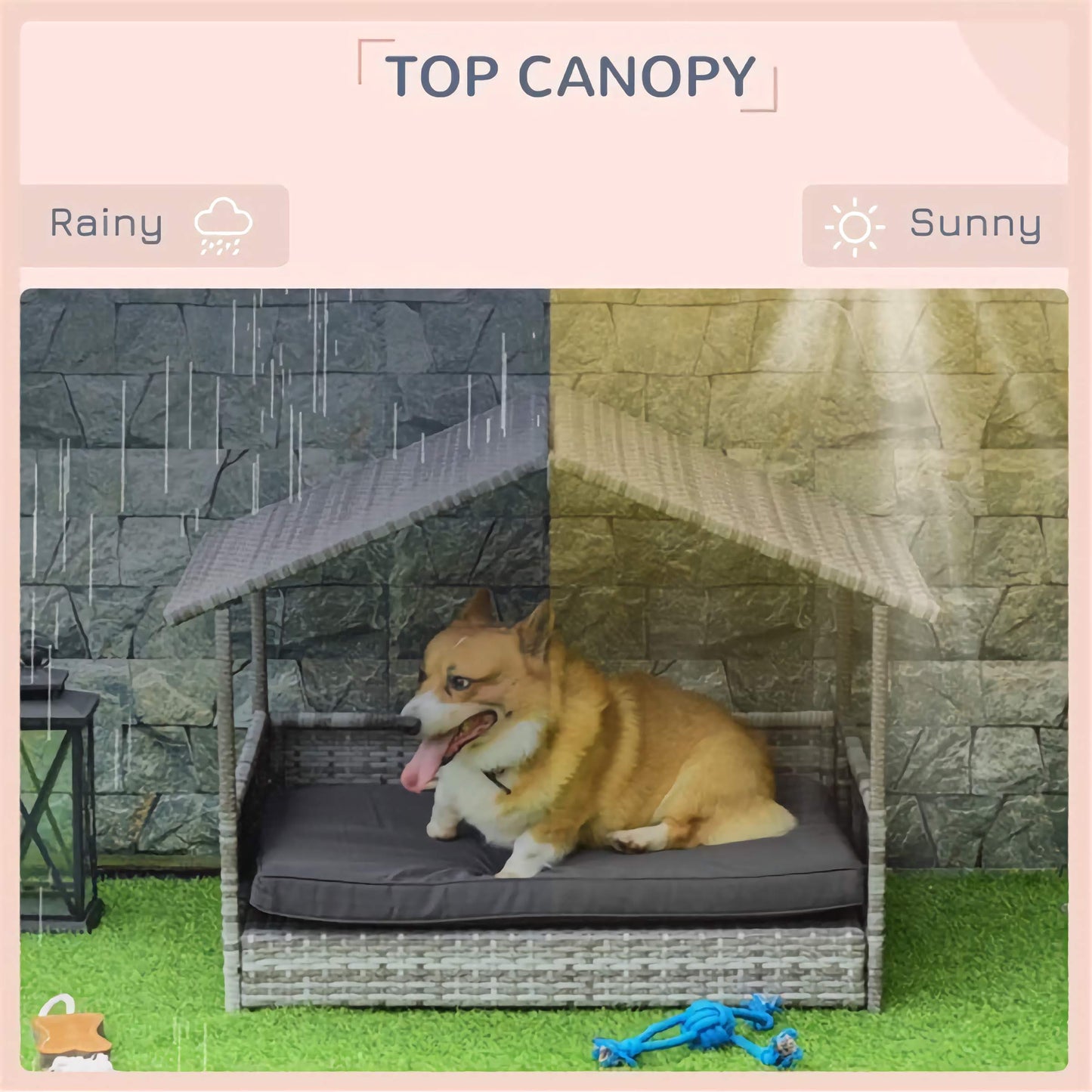 Soft Padded Pet Cabana, Cozy Weather-Protected PE Rattan Sofa Bed for Dogs and Cats