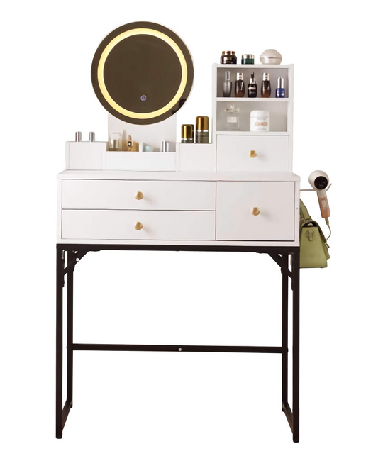 Powered Makeup Vanity Fashion Desk, Modern Vanity with Mirror, Drawers, Cabinet, and Power Outlet