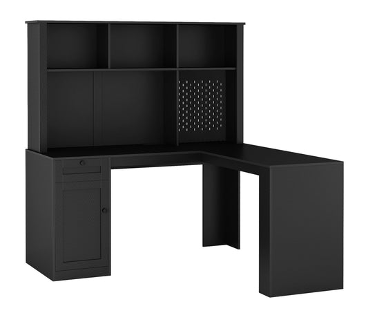 L-Shaped Carbon Fiber Surface Home/Office Desk with Power Outlet, Drawers, and Bookshelf