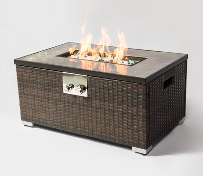 32in. Outdoor Propane Fire Pit Table, Stylish Rattan Base with Durable Tile Tabletop for Patio and Garden