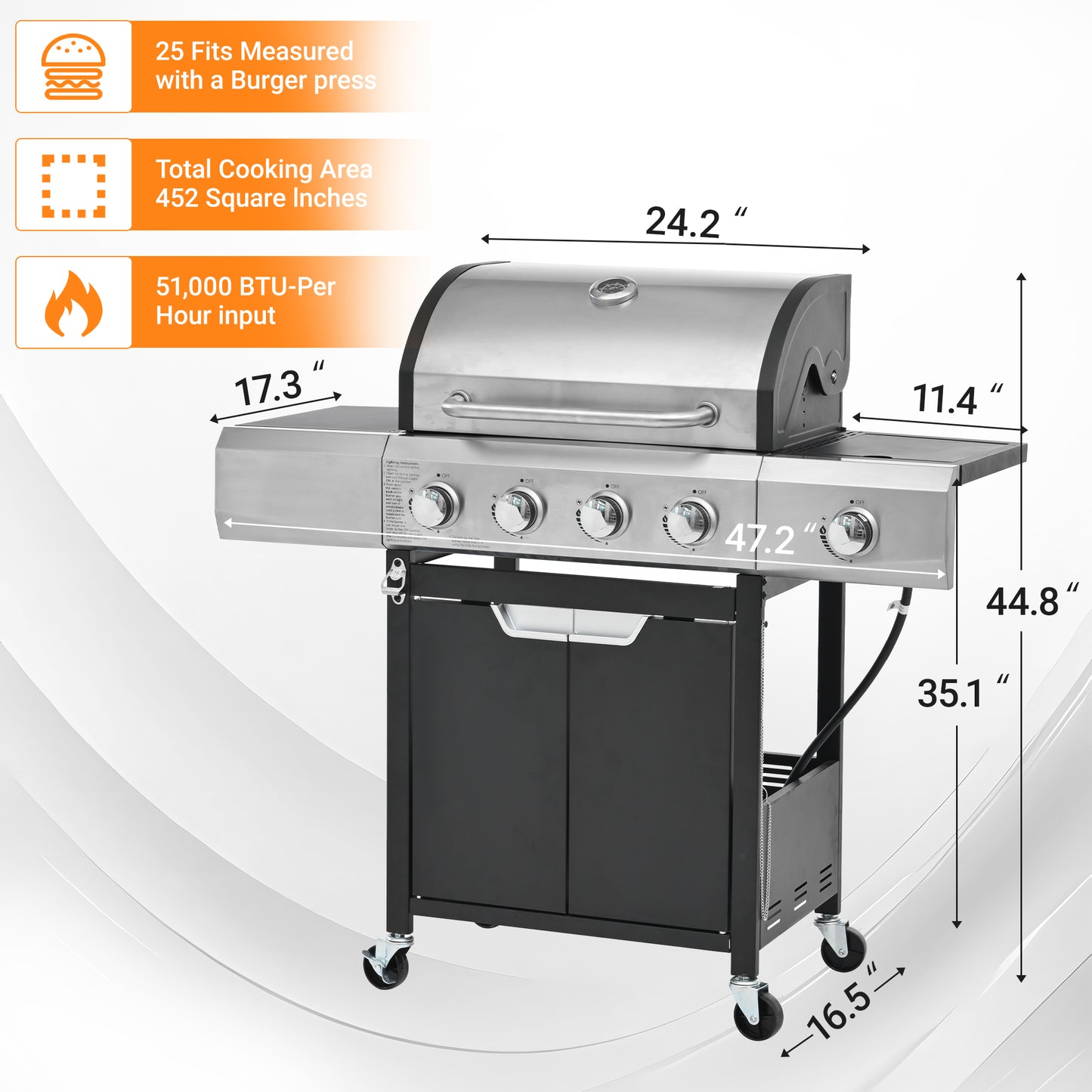 5-Burner Propane BBQ Grill, Stainless Steel Grill with Cover, Side Burner