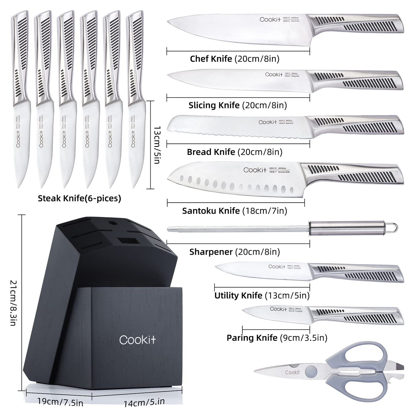 Cookit 15-Piece Kitchen Knife Set, Stainless Steel Chef Knives with Non-Slip Handles, Holder and Blade Sharpener