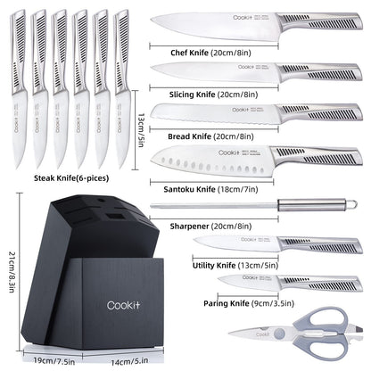 Cookit 15-Piece Kitchen Knife Set, Stainless Steel Chef Knives with Non-Slip Handles, Holder and Blade Sharpener