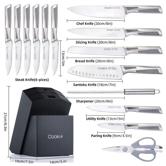 Cookit 15-Piece Kitchen Knife Set, Non-Slip Stainless Steel Chef Knife Set with Holder and Blade Sharpener