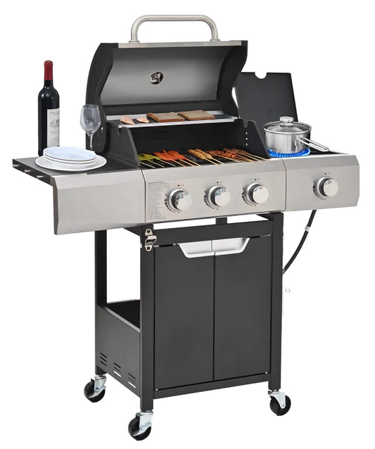 3-Burner Propane Barbecue Grill, Stainless Steel with Side Burner, Lid, Wheels, and Cover