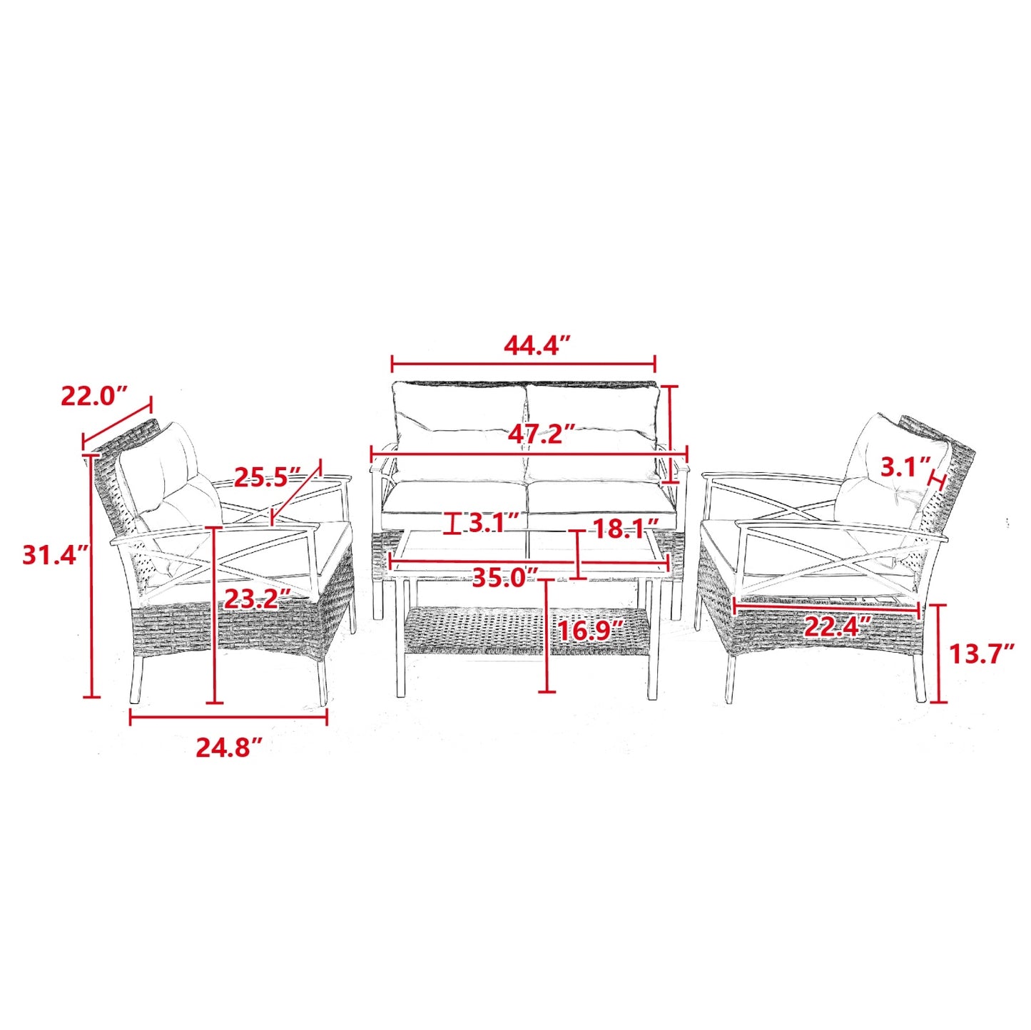 4-Piece Patio Sectional Sofa Set, KD Rattan Wicker, Outdoor Garden Furniture