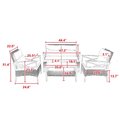 4-Piece Patio Sectional Sofa Set, KD Rattan Wicker, Outdoor Garden Furniture