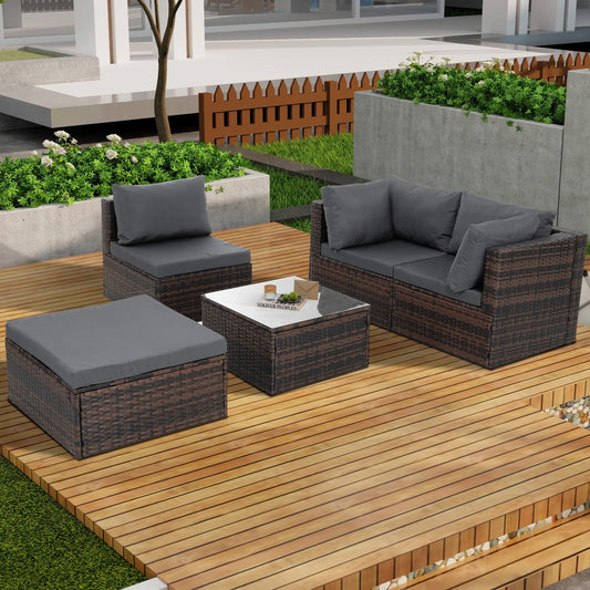 5-Piece Patio Furniture Set, Outdoor PE Wicker Set with Tempered Glass Table and All-Weather Rattan Seating
