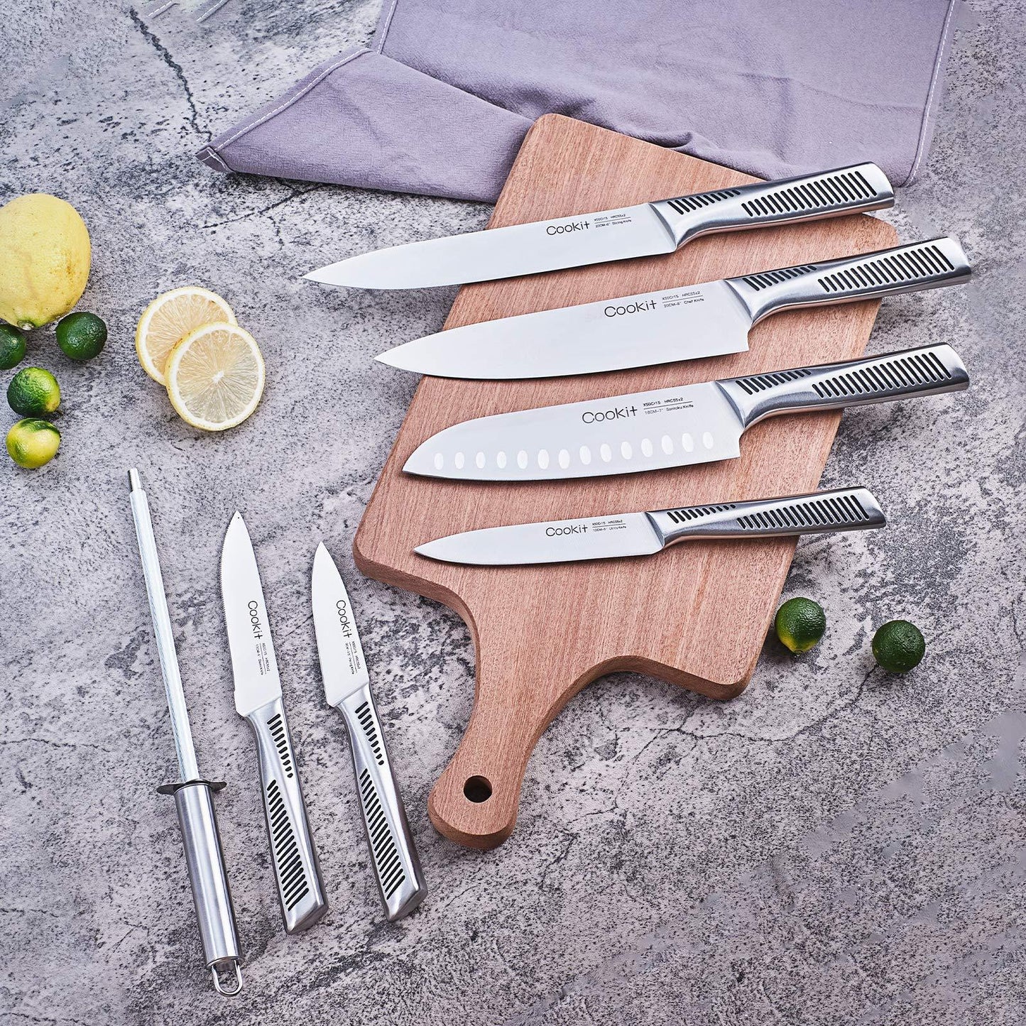 Cookit 15-Piece Kitchen Knife Set, Stainless Steel Chef Knives with Non-Slip Handles, Holder and Blade Sharpener