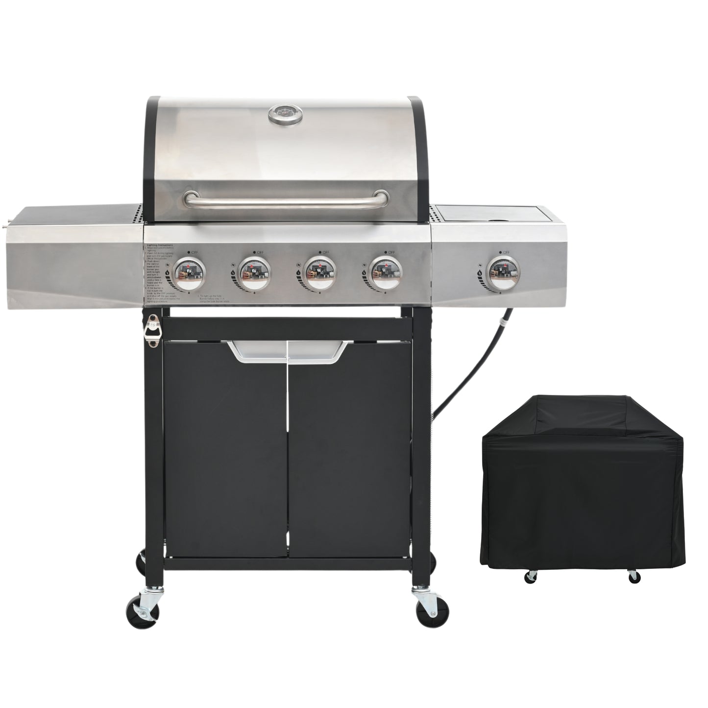 5-Burner Propane BBQ Grill, Stainless Steel Grill with Cover, Side Burner