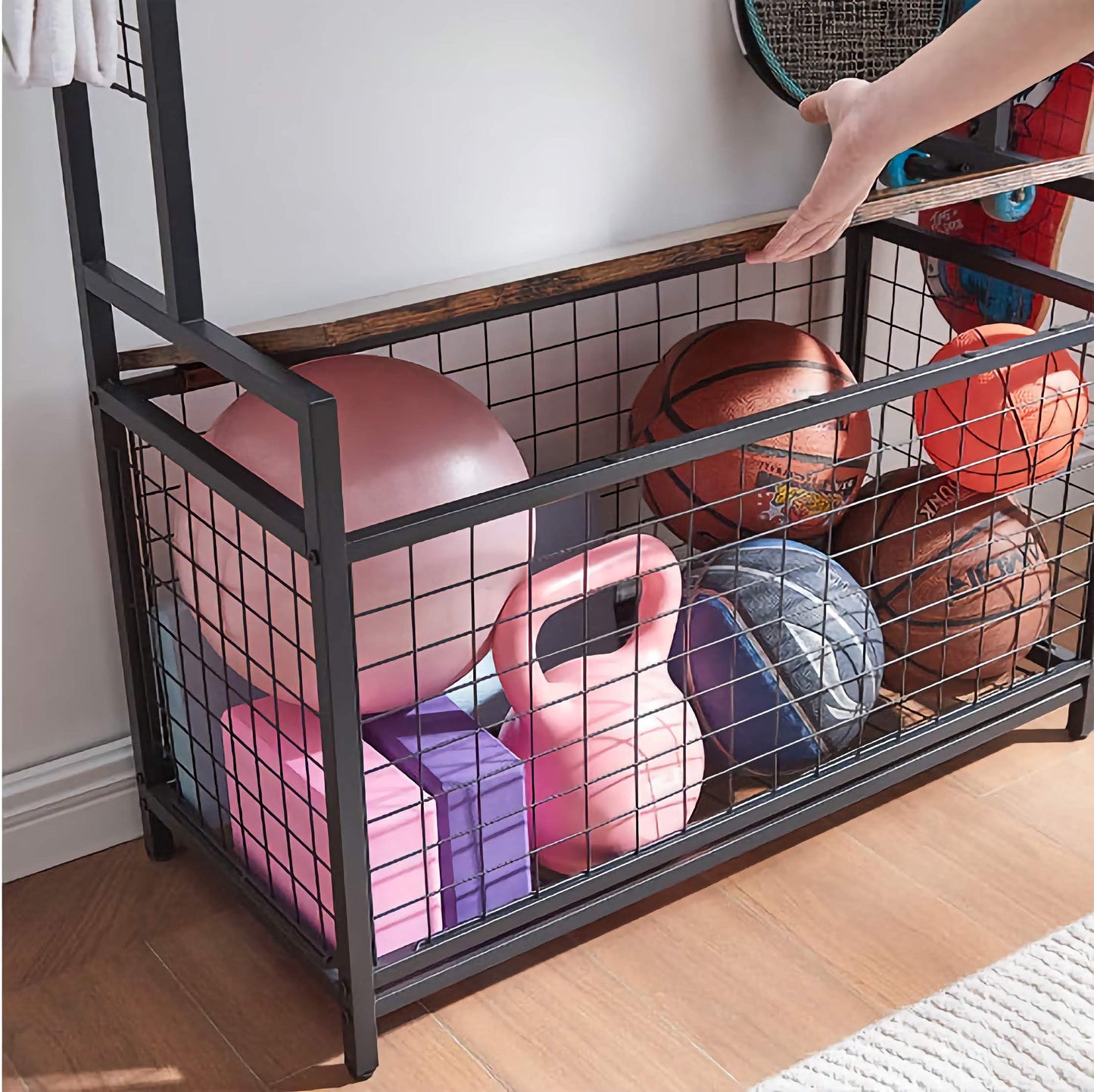 Versatile Equipment Storage Rack with Bench Storage