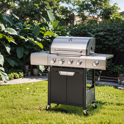 5-Burner Propane BBQ Grill, Stainless Steel Grill with Cover, Side Burner