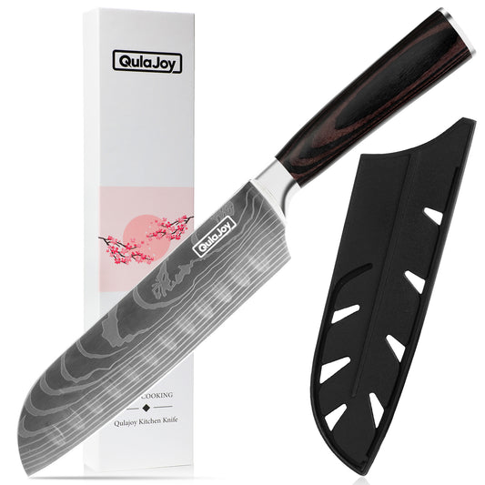 Qulajoy Santoku Japanese Chef Knife, Carbon Stainless Steel Kitchen Blade with Pakkawood Handle