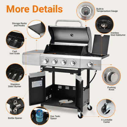 5-Burner Propane BBQ Grill, Stainless Steel Grill with Cover, Side Burner