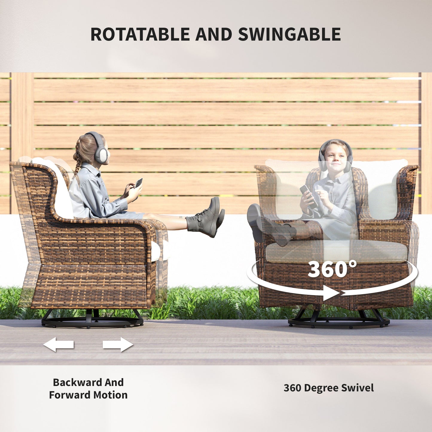 4-Piece Patio Furniture Set, Rattan Conversation Set with Swivel Glider Chairs, Table, Loveseat