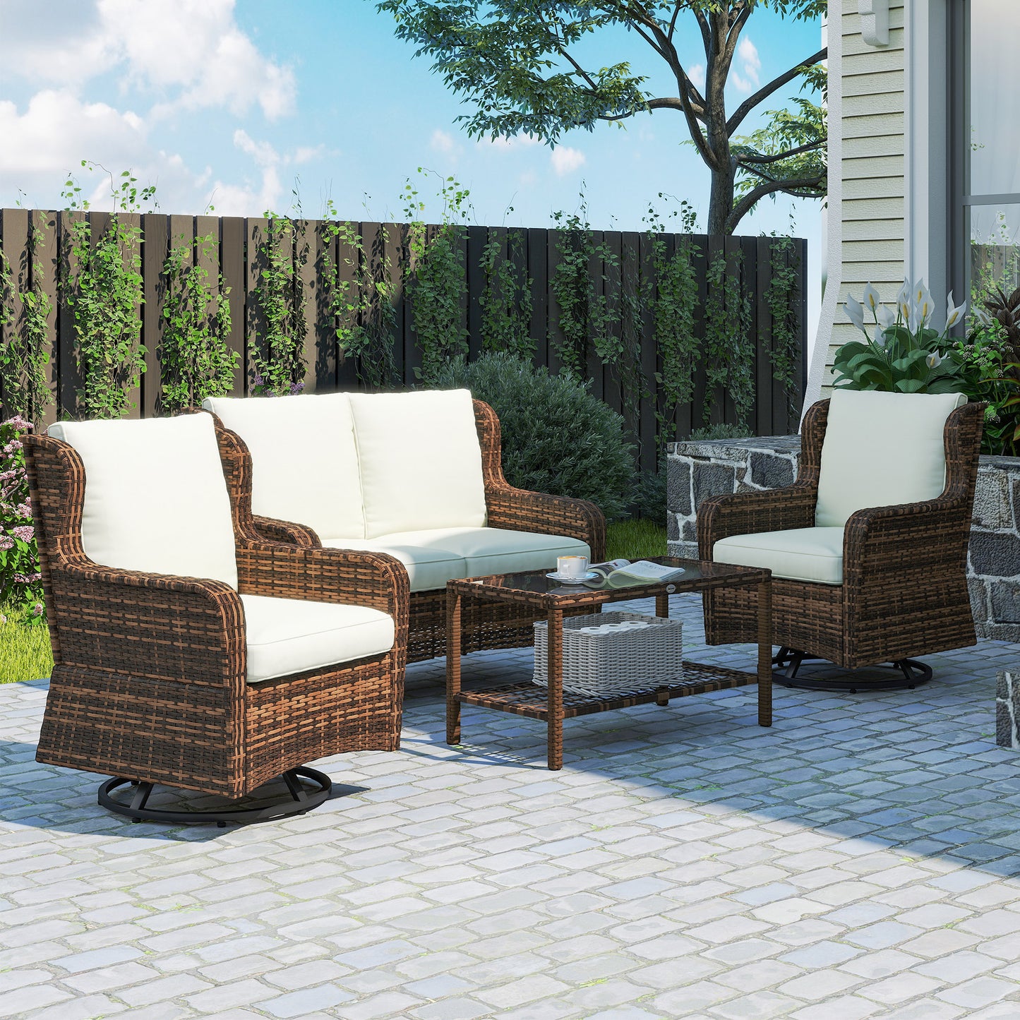 4-Piece Patio Furniture Set, Rattan Conversation Set with Swivel Glider Chairs, Table, Loveseat