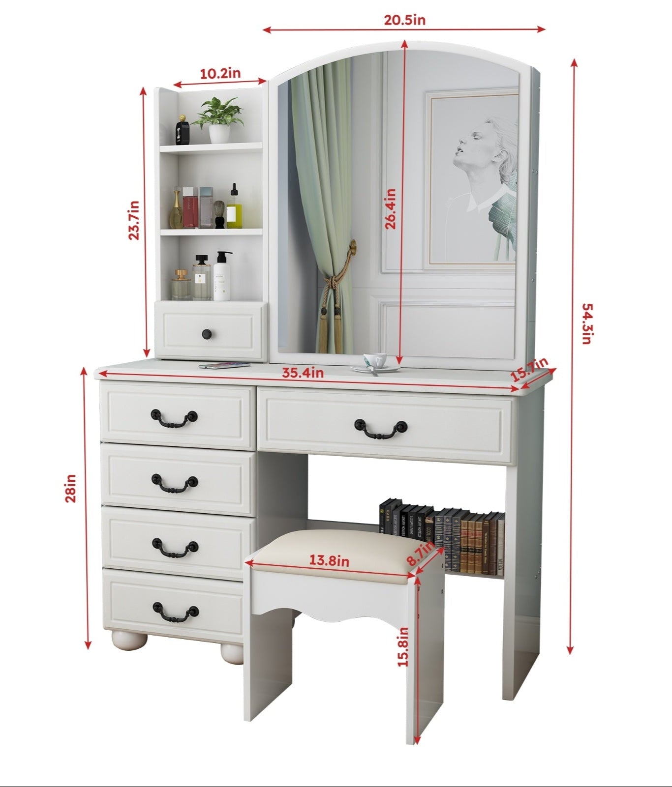 3-Tier Fashion Vanity Desk, Storage Table with Mirror, Lights, and Drawers