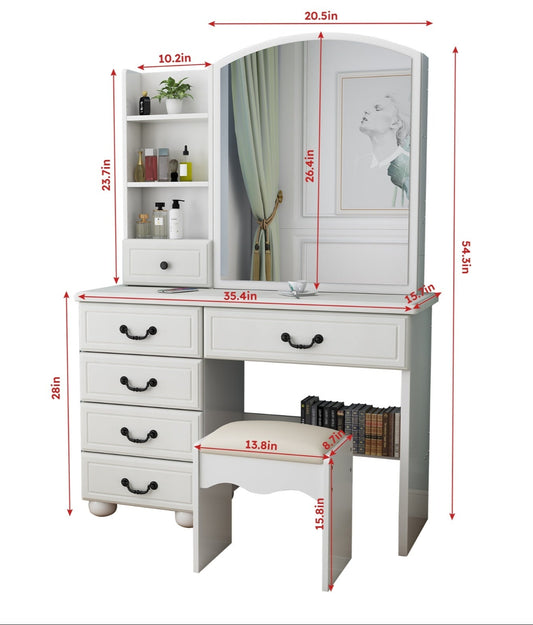 3-Tier Fashion Vanity Desk, Storage Table with Mirror, Lights, and Drawers