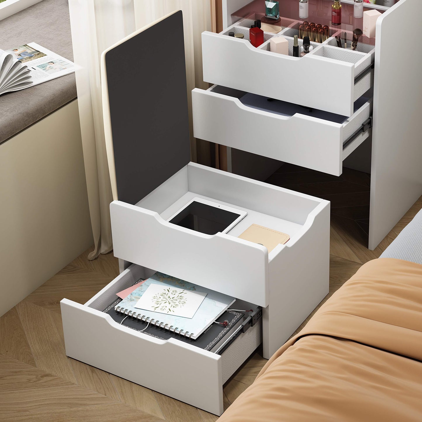 3-in-1 Makeup Vanity Desk, Stylish Table with Flip-Top Mirror, Transparent Glass Top, and Organized Storage Drawers