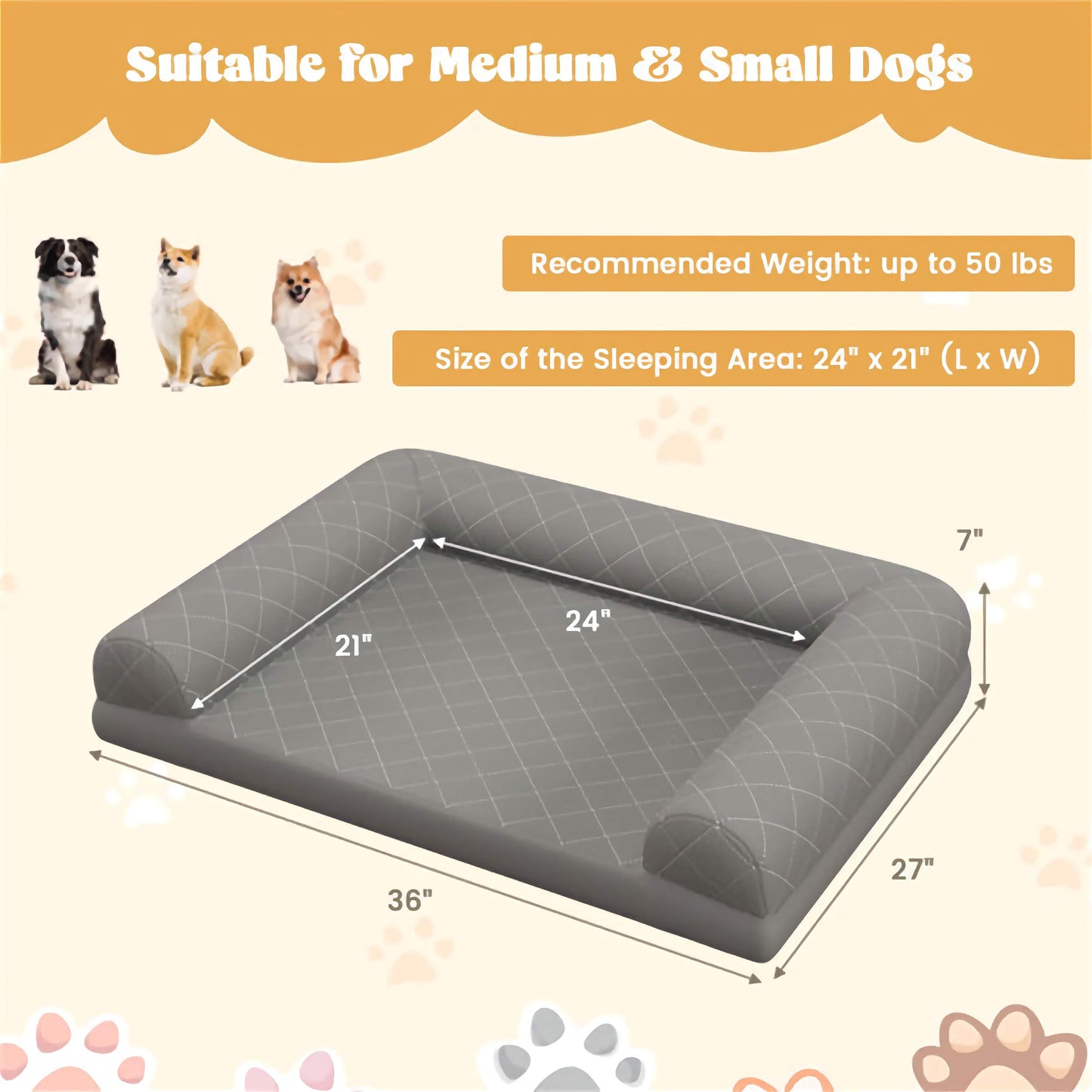 36in. Egg-Crate Orthopedic Pet Bed, Soft Polyester Surface with Elevated Bolsters for Comfort and Joint Support
