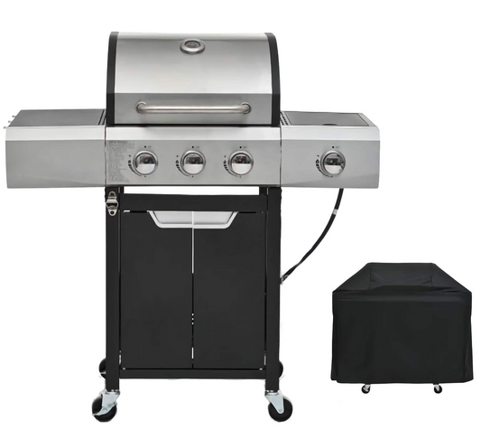 3-Burner Propane Barbecue Grill, Stainless Steel with Side Burner, Lid, Wheels, and Cover