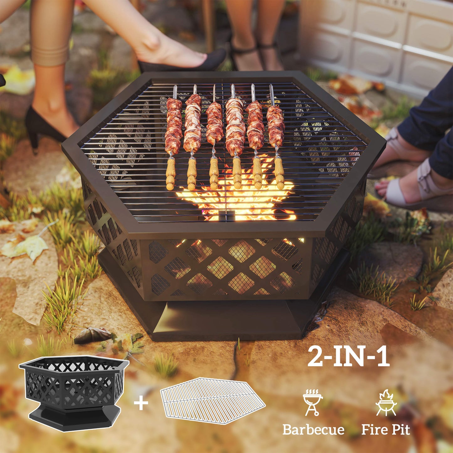 28in. Hexagon Outdoor Fire Pit, Wood Burning with Cooking Grate, Fire Poker and Safety Screen Lid for Patio and Backyard