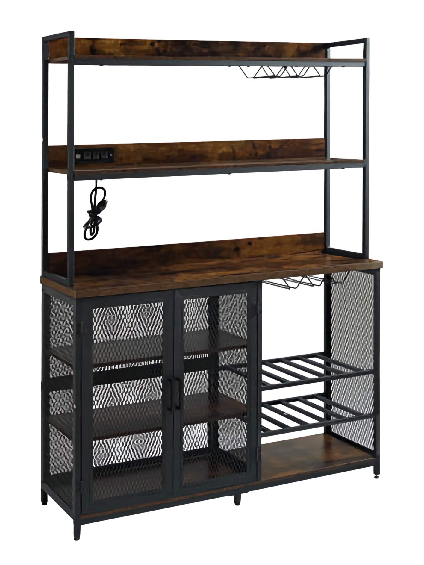 3-Tier Bottle Rack Cabinet Bar, Modern Storage Counter with Shelves and Power Outlets