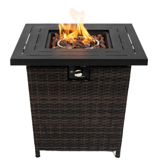 28in. Outdoor Propane Fire Pit Table, Patio Heater with Faux Wicker/Rattan Base