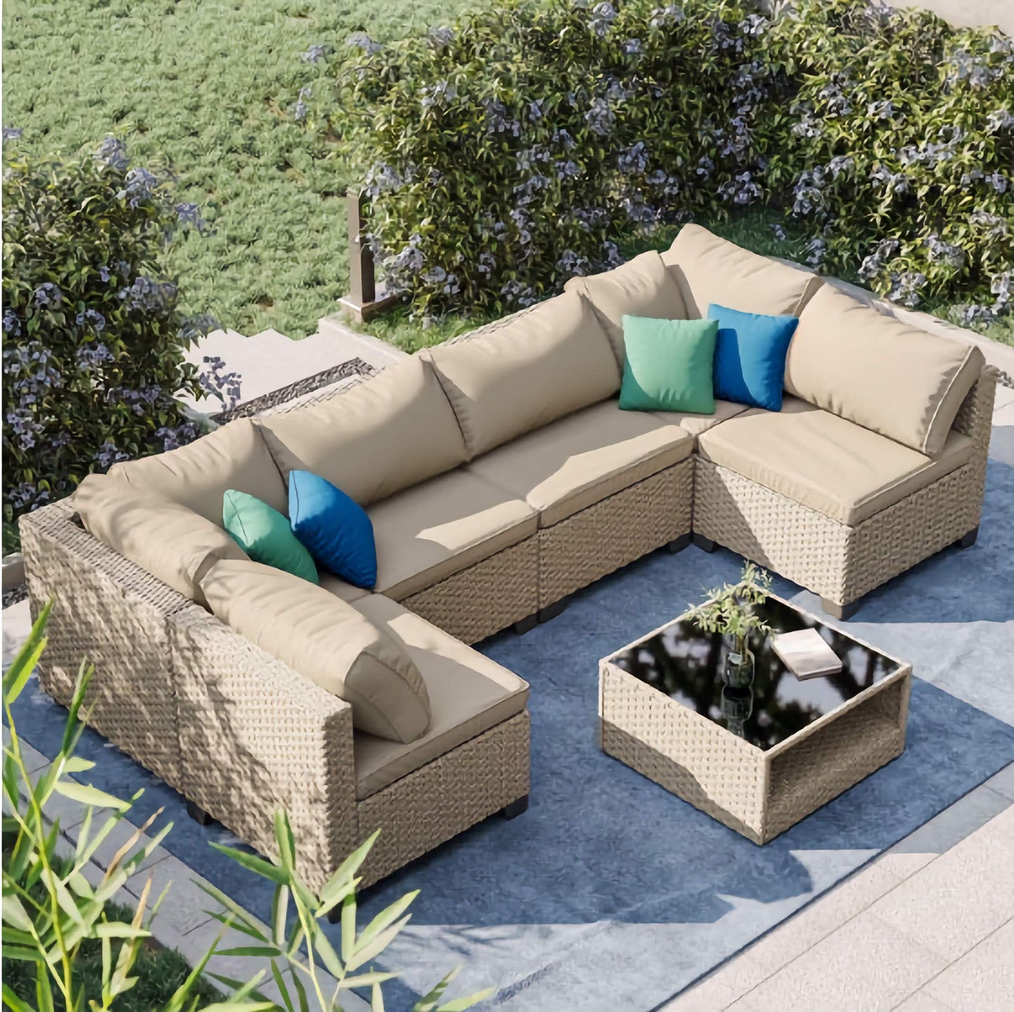 7-Piece Patio Furniture Sofa Set, Outdoor Patio Set with Waterproof Cloth and PE Rattan Base
