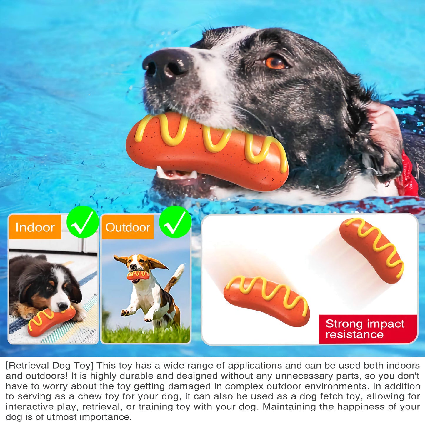 Tough Rubber Hot Dog Pet Chew Toy, Long-Lasting Pet Toy for Aggressive Chewing and Dental Health