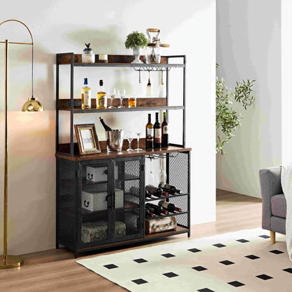 Coffee Bar Cabinet/Bottle Rack, Bar Counter, Shelves with Power Outlet, 3-Tier Holder