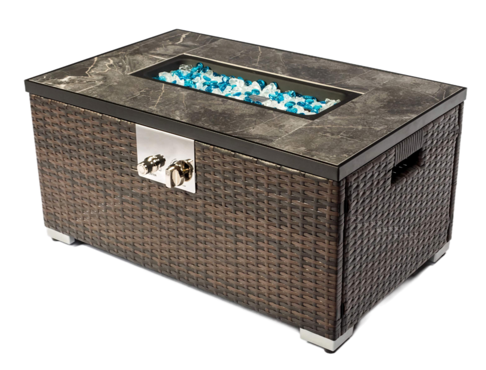 32in. Outdoor Propane Fire Pit Table, Stylish Rattan Base with Durable Tile Tabletop for Patio and Garden