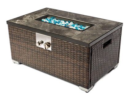 32in. Outdoor Propane Fire Pit Table, Stylish Rattan Base with Durable Tile Tabletop for Patio and Garden