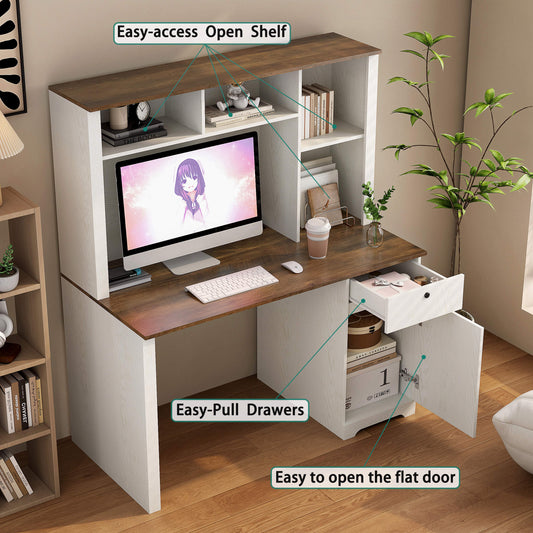 Hutch Home and Office Desk, Organized Workspace with Bookshelf, Drawers and Built-In Power Outlet