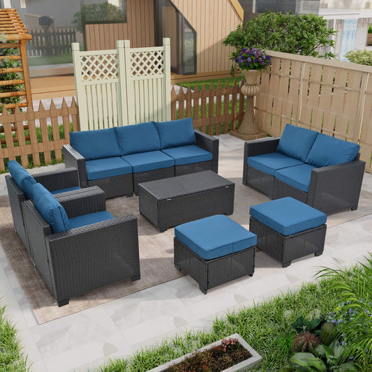 10-Piece Patio Sofa Set, Comfortable Outdoor Garden Furniture with Waterproof Cloth and Durable PE Rattan Base