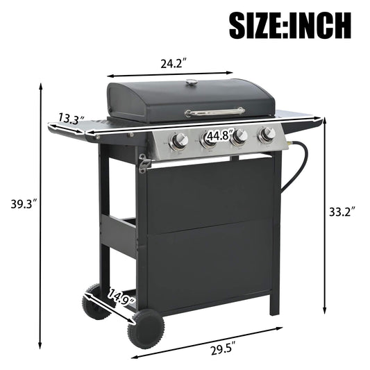 4-Burner Propane Barbecue Grill, Stainless-Steel with Two Shelves, Lid, Wheels, and Bottle Opener