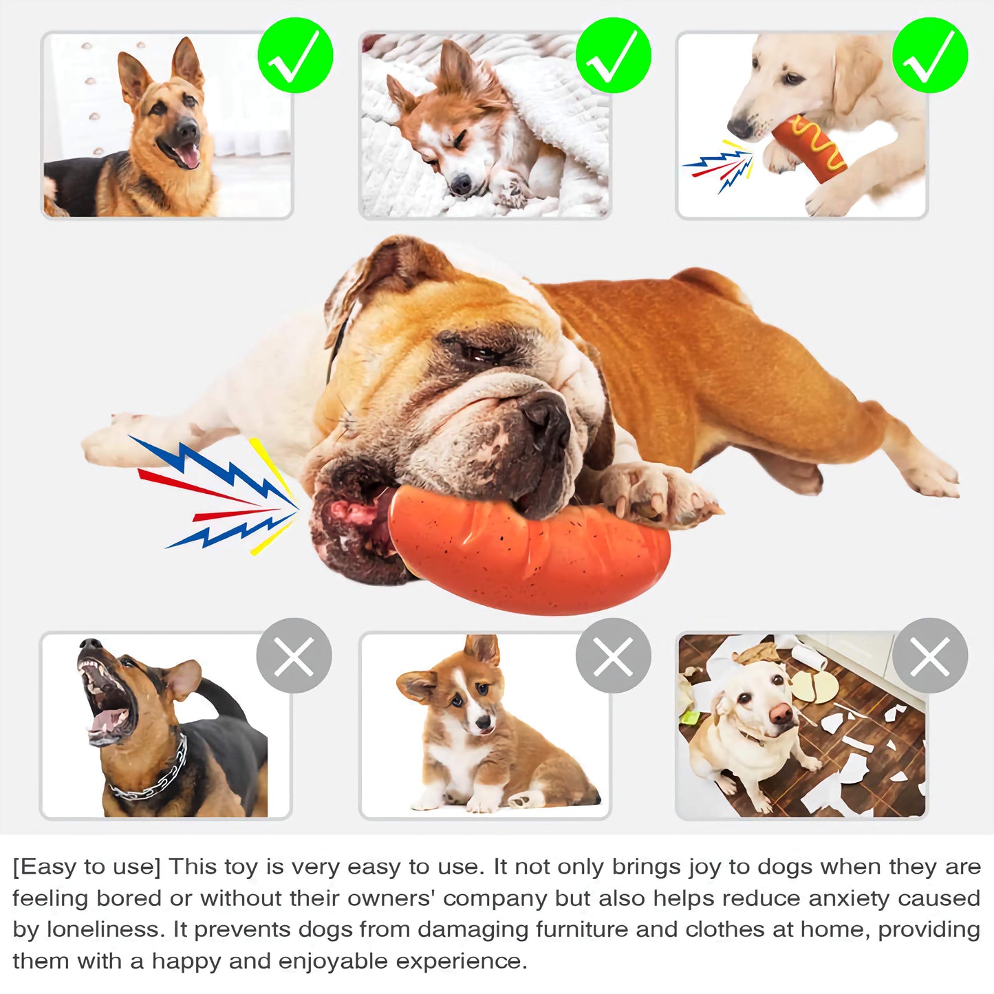 Tough Rubber Hot Dog Pet Chew Toy, Long-Lasting Pet Toy for Aggressive Chewing and Dental Health