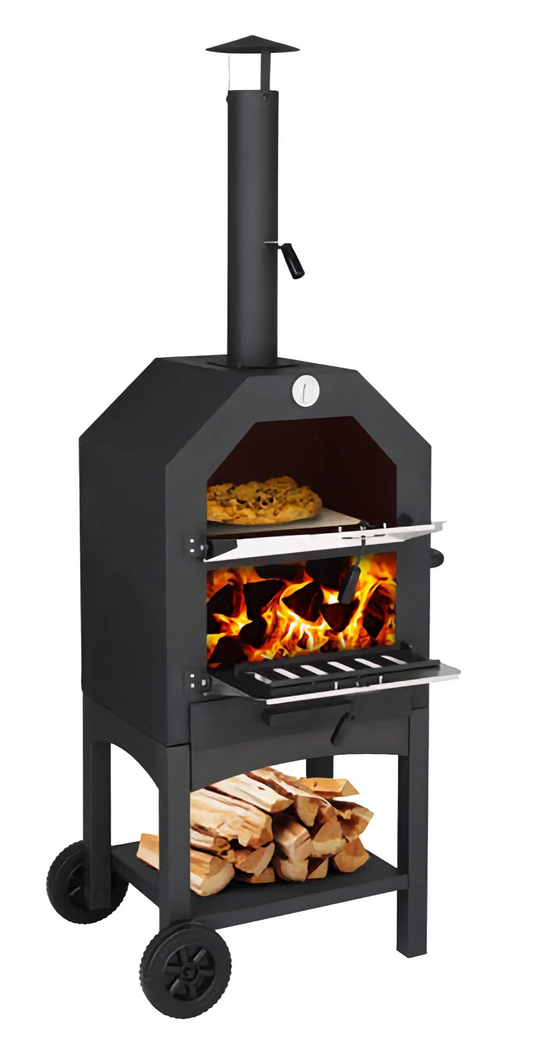 Freestanding Carbon Pizza Oven/Grill, Pizza Maker with Chimney, Wheels, and Pizza Shovel